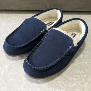 Lands End Womens Navy Blue Suede Moccasin Slippers Faux Fur Lined‎ Size 8